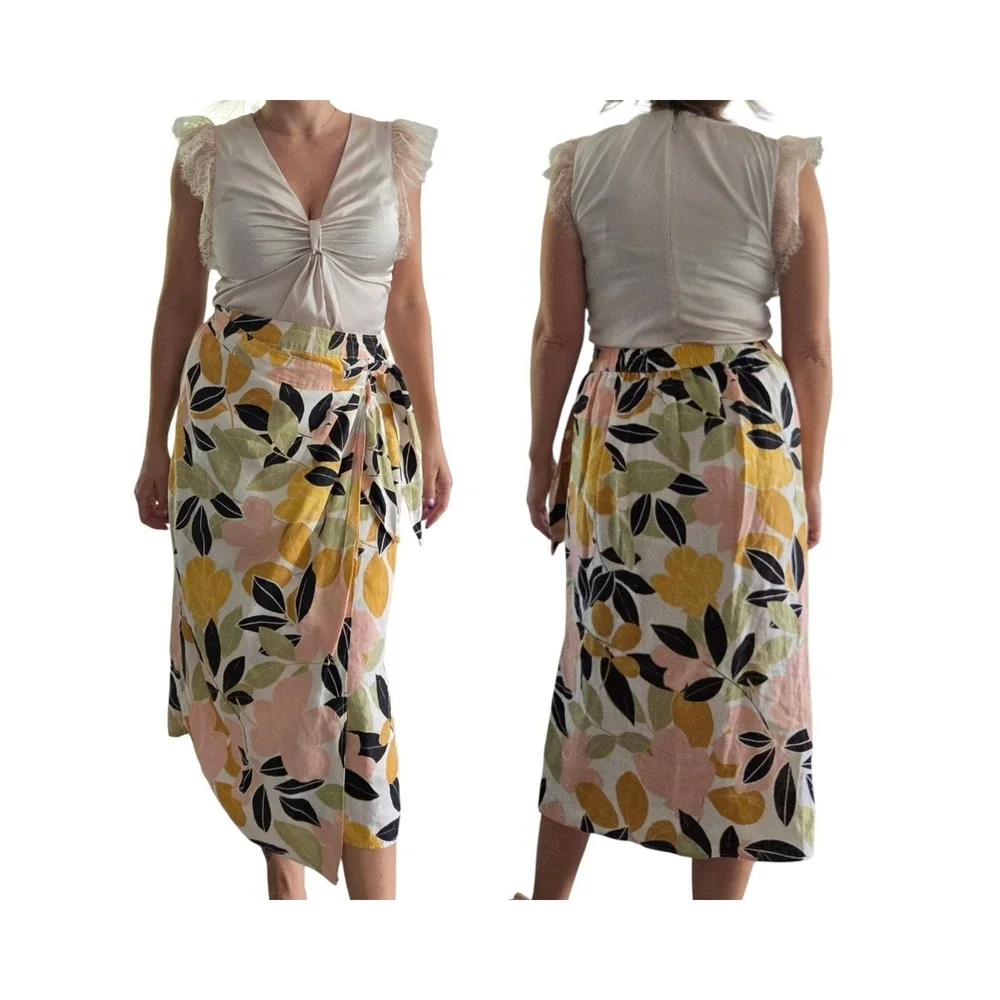 Rachel Zoe 100% Linen Floral Wrap Skirt Tie Waist Midi Small Boho Cottage Coast